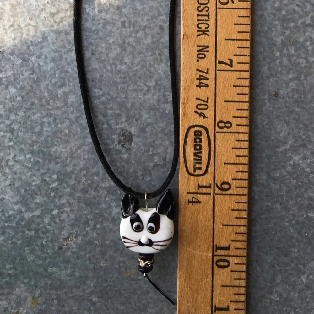 NECKLACE Cat Lover Tail Moves Handmade Glass Black White Colorful Crystals